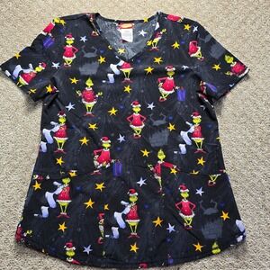 Dr Seuss Women's S Grinch Christmas Scrub Top Black V Neck 3 Pocket Stretch